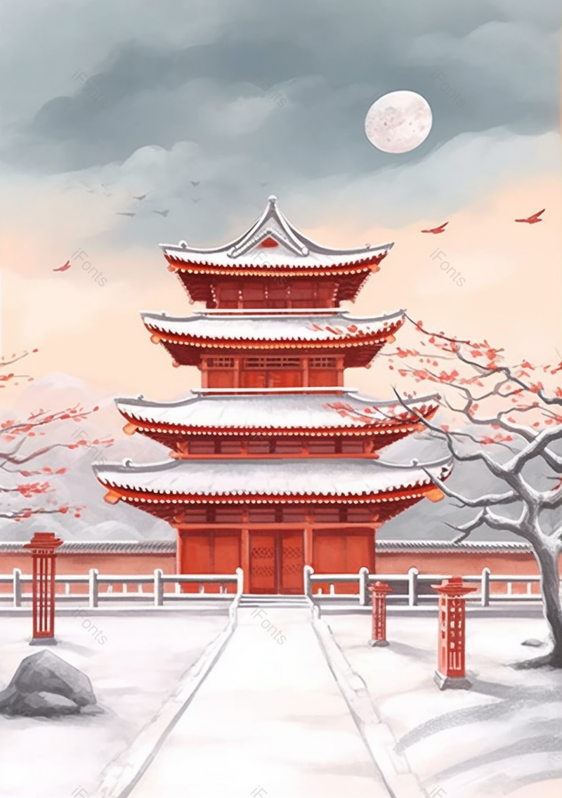 雪中庭院红色房屋风景插画,插画/手绘图,插画/手绘图库,插画/手绘图下载,插画/手绘